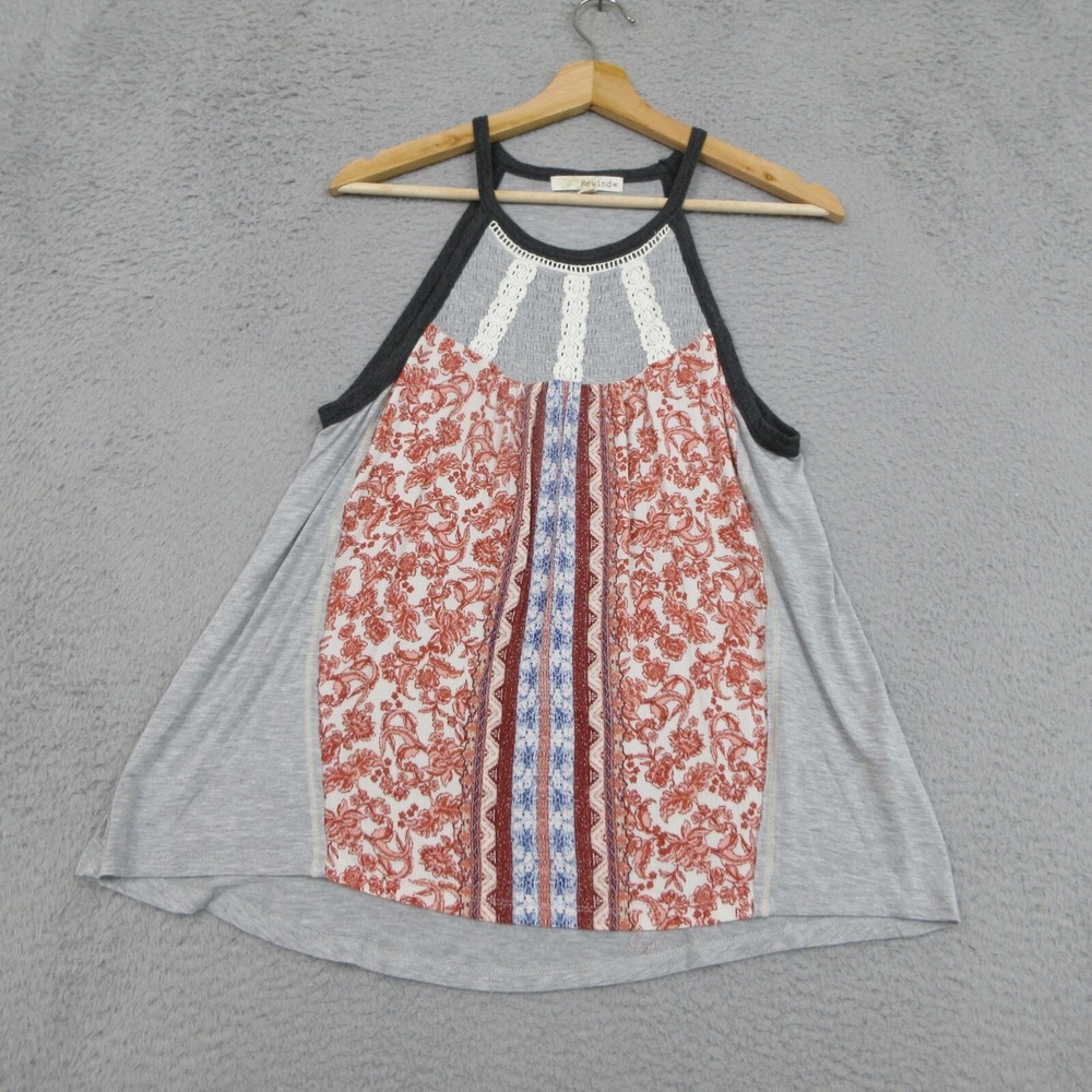 Rewind‎ Crochet Boho Halter Tank Shirt Women M Gray Floral Festival Indie Hippie